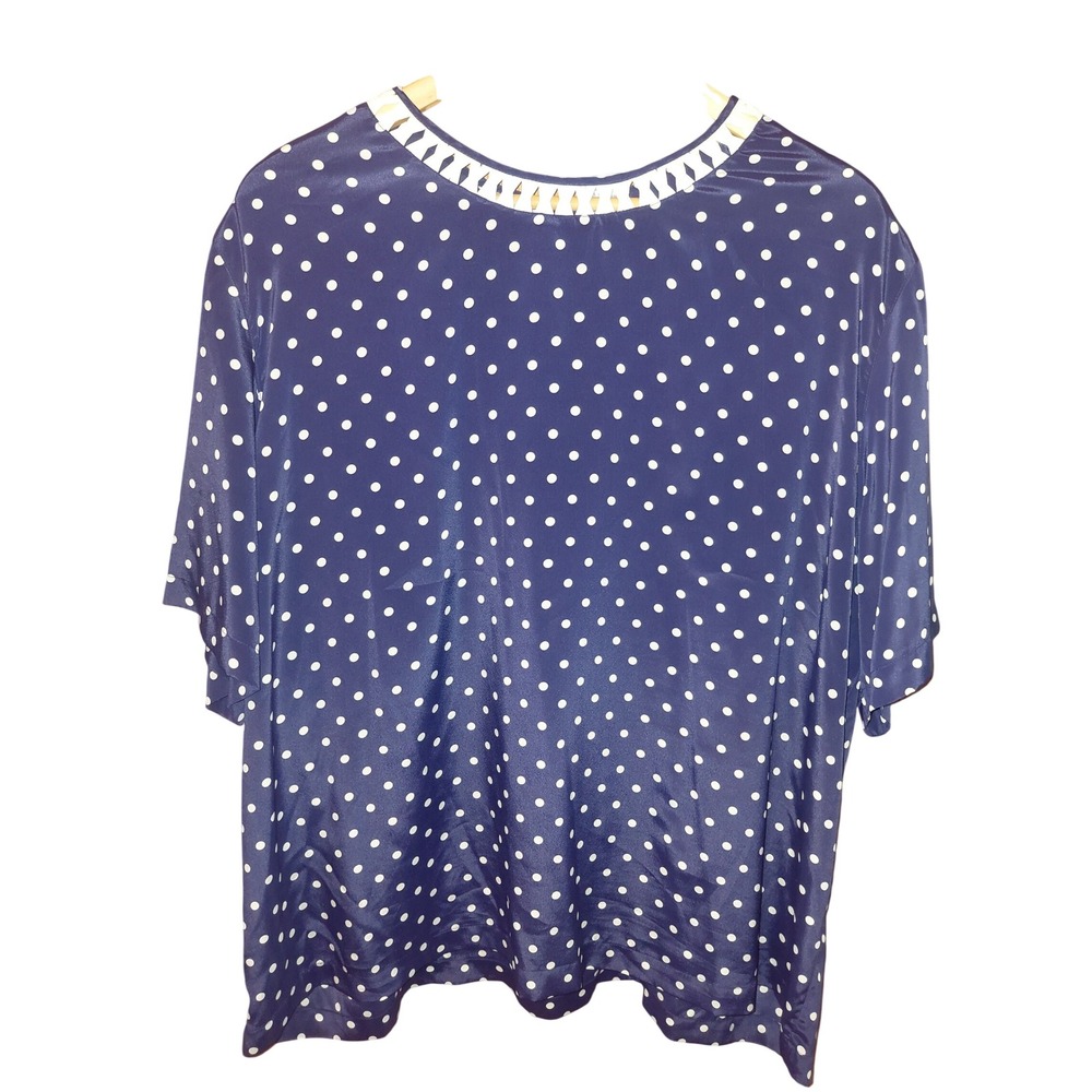 C.S.T. Studio Navy Blue Polka Dot Short Sleeve Blouse Plus Size 24W Lattice Neck